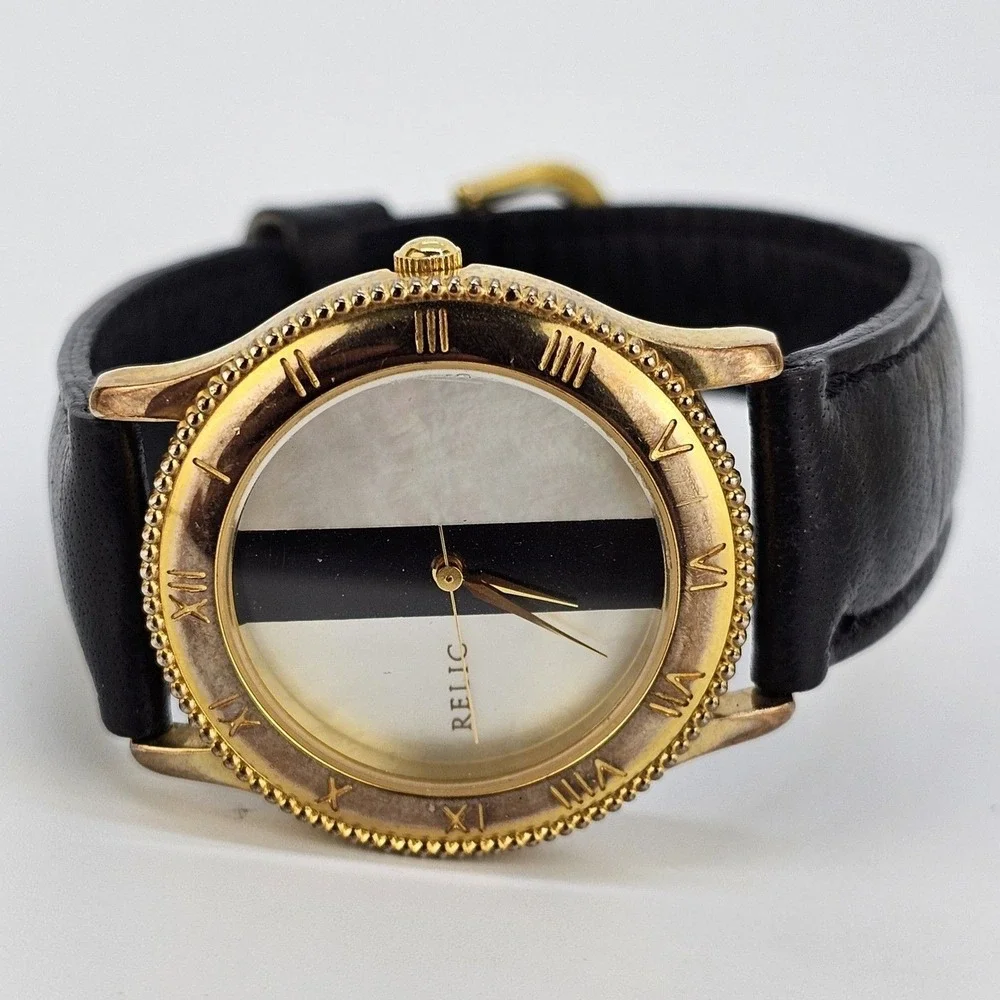 Relic Women Watch 32MM White Black Dial Black Leather Bands Up to 7